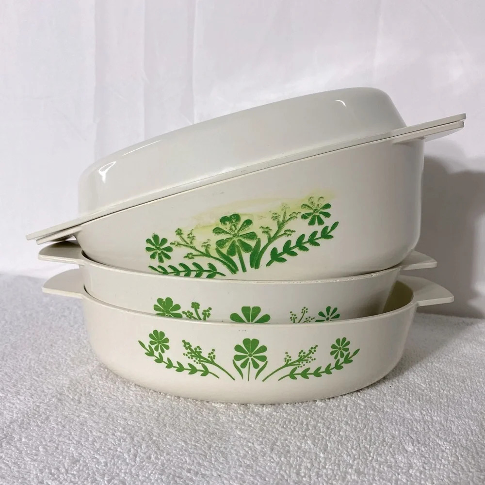 Vintage Glasbak Green Daisy Plastic Oven Proof Round & Oval  Casserole Set x3